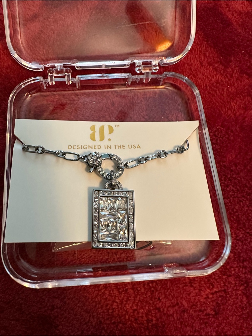 bp Silver-Tone Crystal Rectangular Pendant Necklace